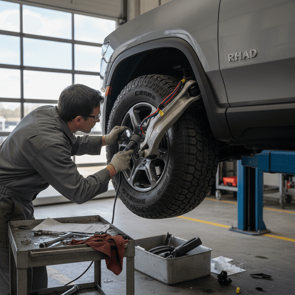 Technician inspecting the front suspension and steering hardware on a Rivian R1T raised on a service lift