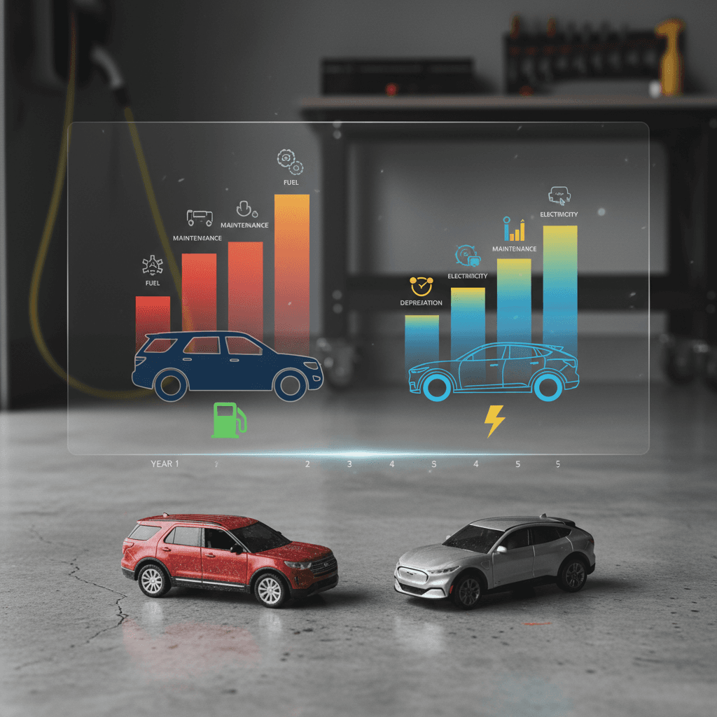 Side-by-side comparison graphic of gas Ford Explorer vs electric Ford Mustang Mach-E showing 5-year fuel, maintenance, and depreciation costs.
