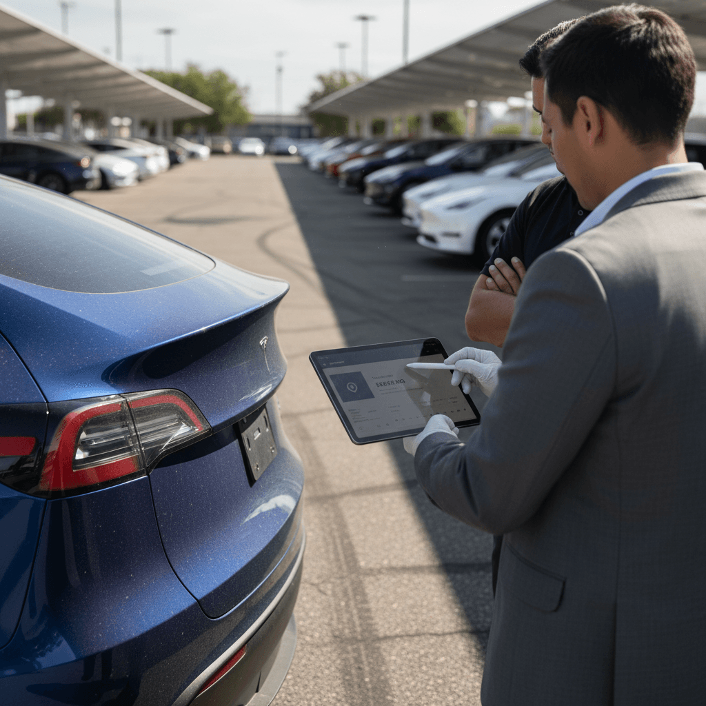 Owner and EV specialist reviewing a 2024 Tesla Model Y trade-in offer on a tablet in a dealership-style lot