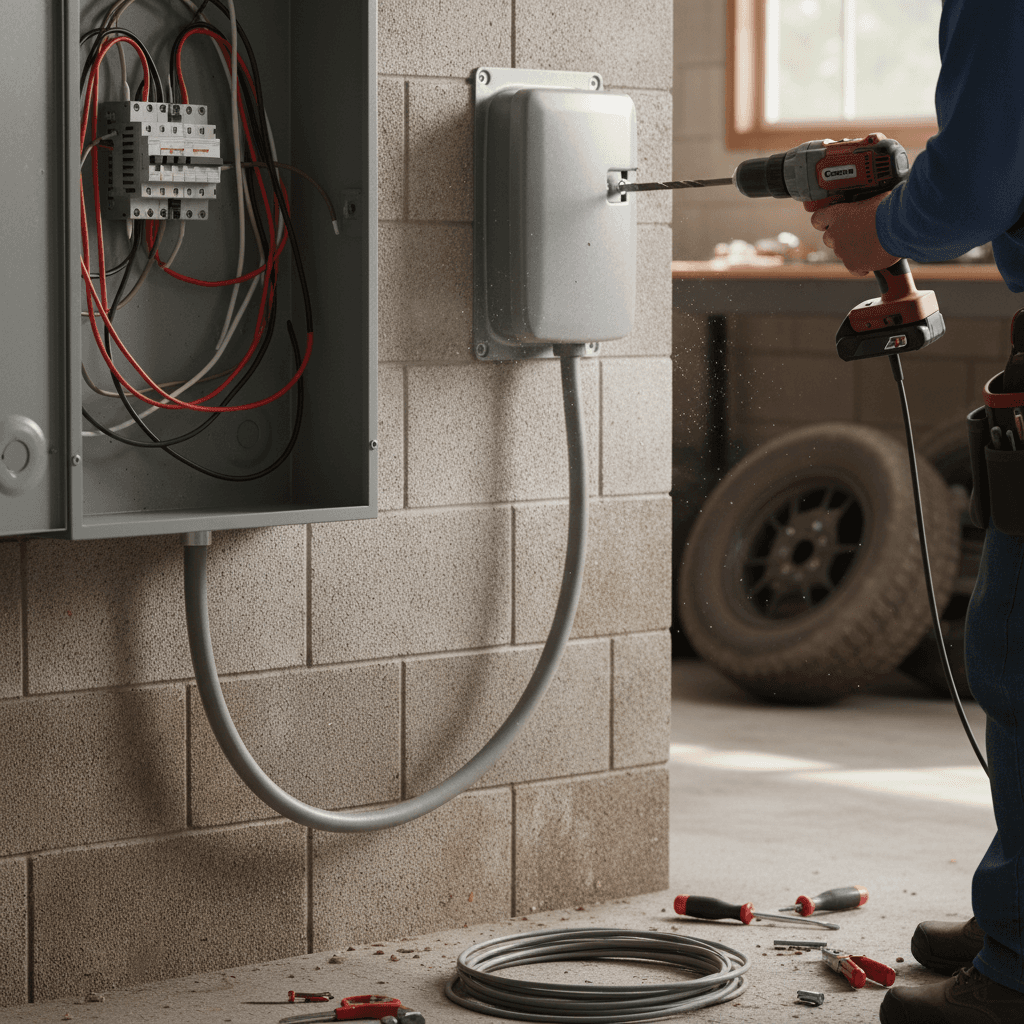 Electrician installing a wall-mounted Level 2 home EV charger next to an electrical panel in a residential garage.