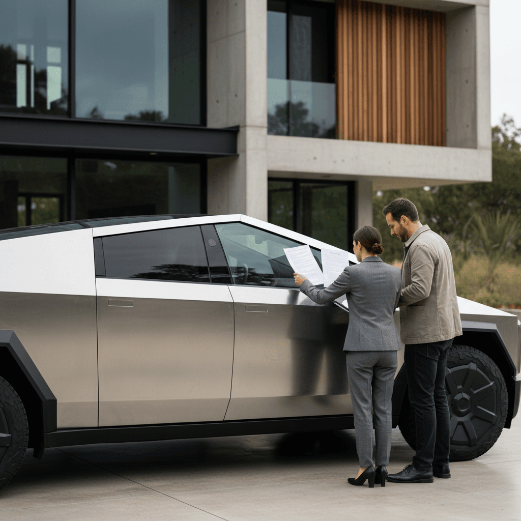 Tesla Cybertruck owner discussing insurance coverage options with an agent in front of a modern house