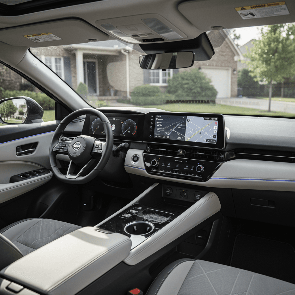 Warm, upscale interior of a 2024 Nissan Ariya showing dual screens, ambient lighting and lounge-like front seats