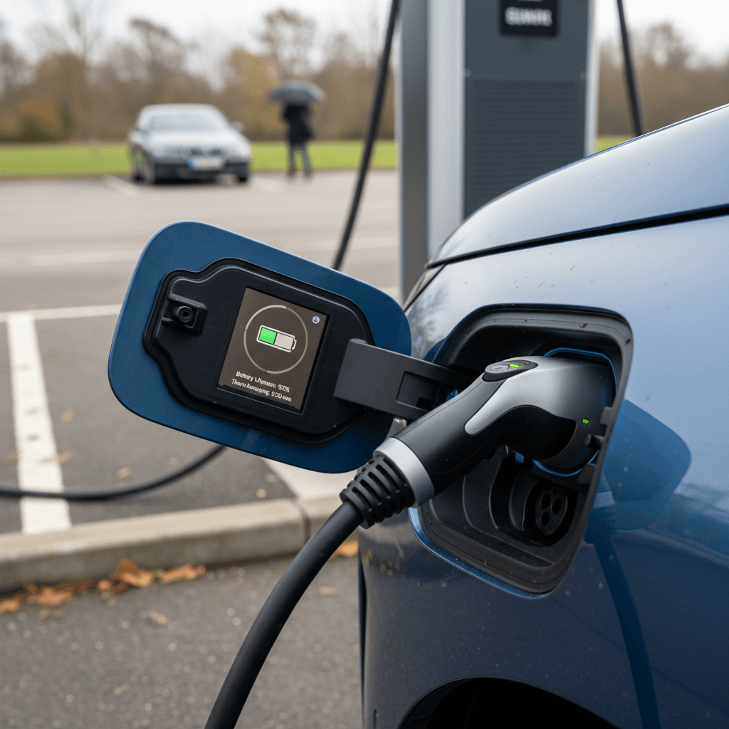 BMW iX charging port plugged into a DC fast charger with battery status displayed on screen