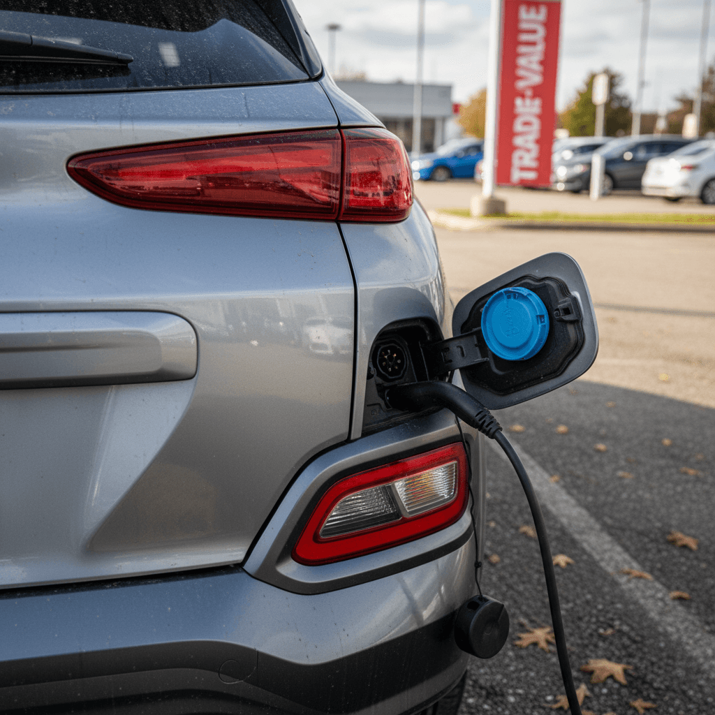 Used Hyundai Kona Electric plugged into a charger, highlighting the importance of battery health for trade-in value