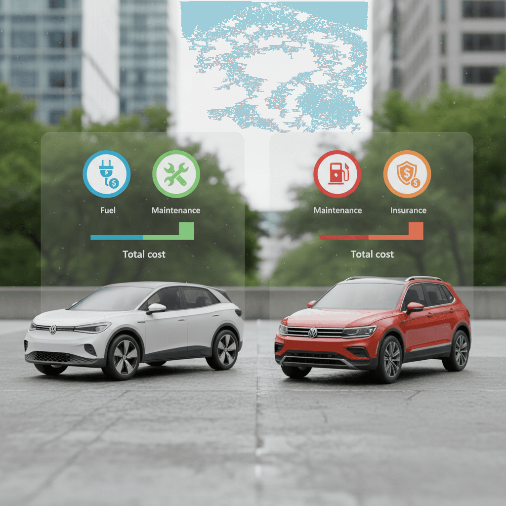 Side-by-side comparison graphic of a Volkswagen ID.4 and Volkswagen Tiguan with icons representing fuel, maintenance, and insurance costs