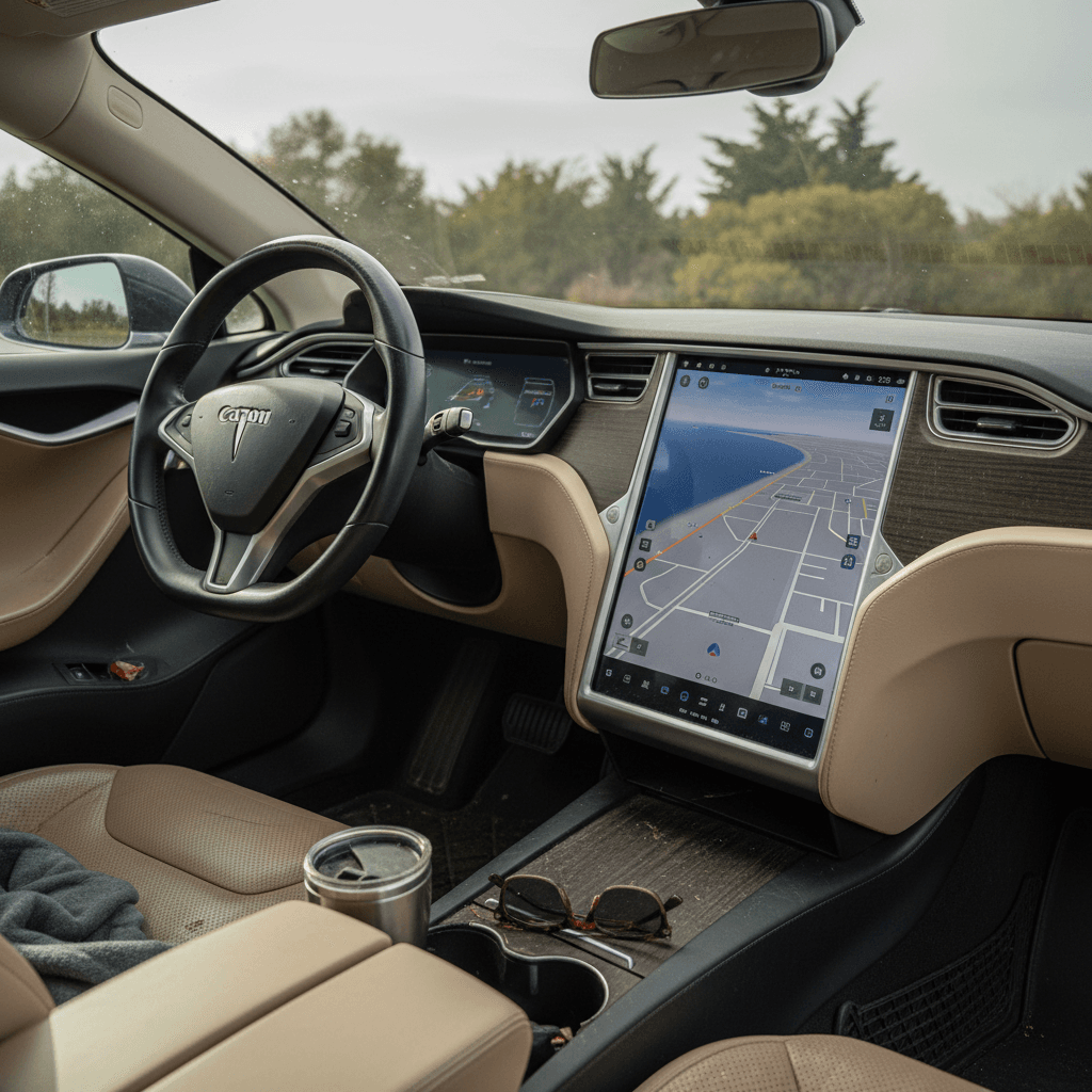 Interior of a 2024 Tesla Model S with large central touchscreen and minimalist design