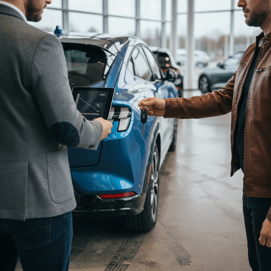 Owner handing keys of a 2022 Ford Mustang Mach‑E to a buyer inside a bright EV showroom