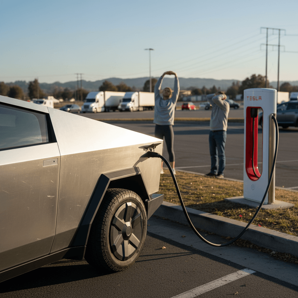 Tesla Cybertruck charging at a Supercharger during a highway road trip