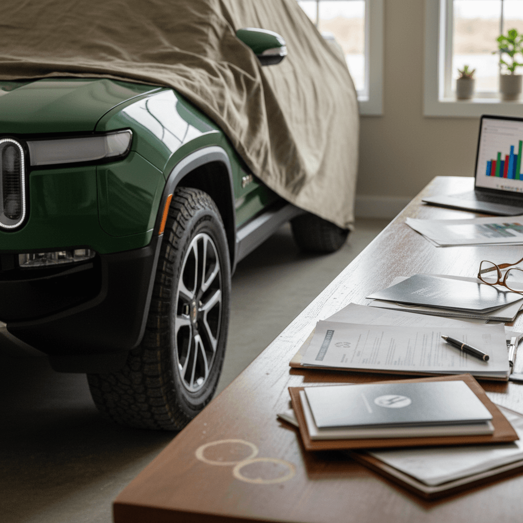 Insurance agent reviewing coverage options with Rivian R1S owner at a modern office
