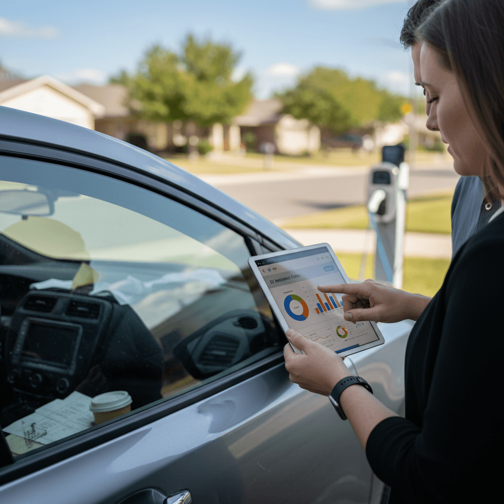 Insurance agent and Nissan Leaf owner reviewing monthly premium options beside the car in a neighborhood driveway