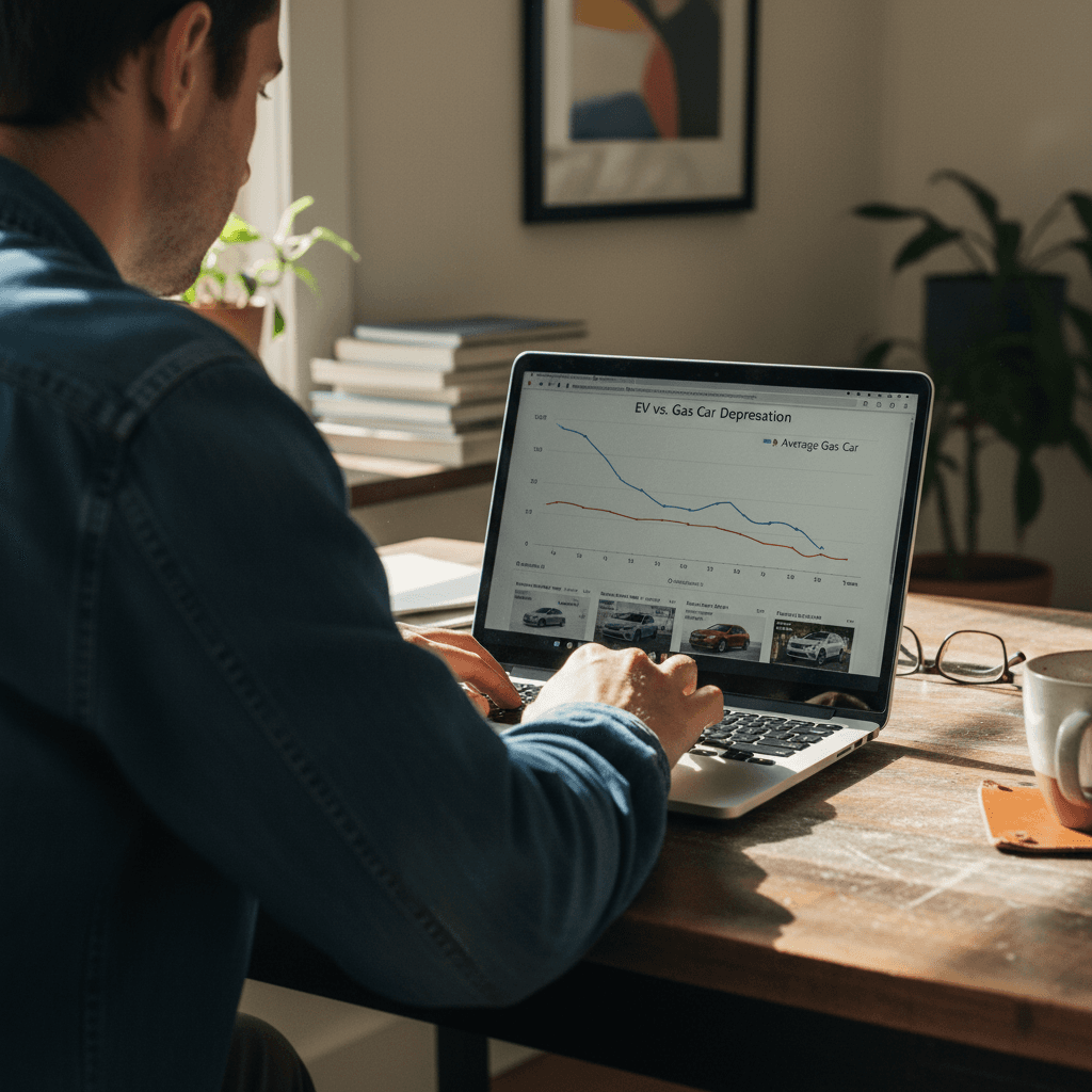 Laptop screen showing Tesla Model 3 price graph next to used listings and ownership cost notes
