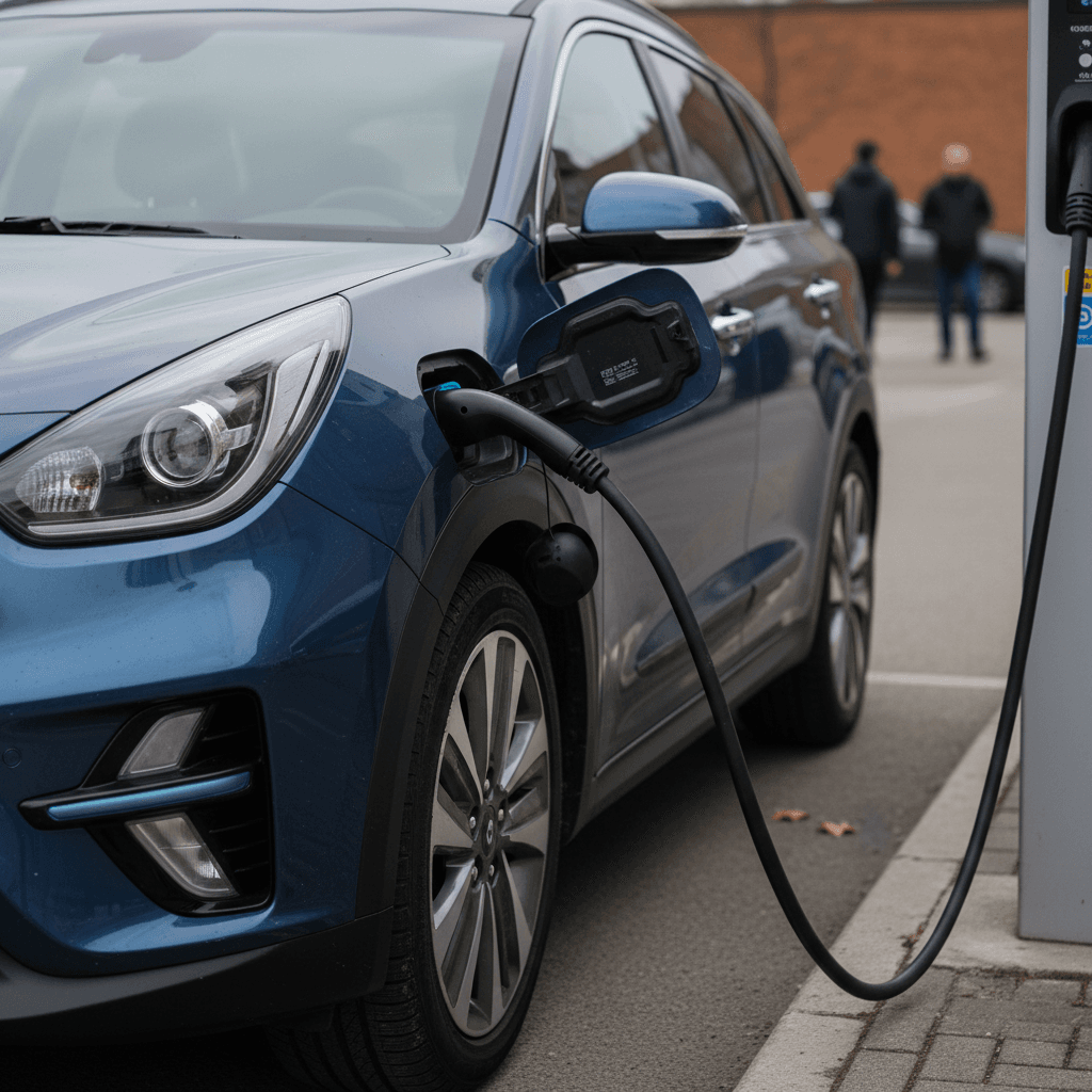 Close view of a Kia Niro EV charging port and front wheel connected to a public charging station