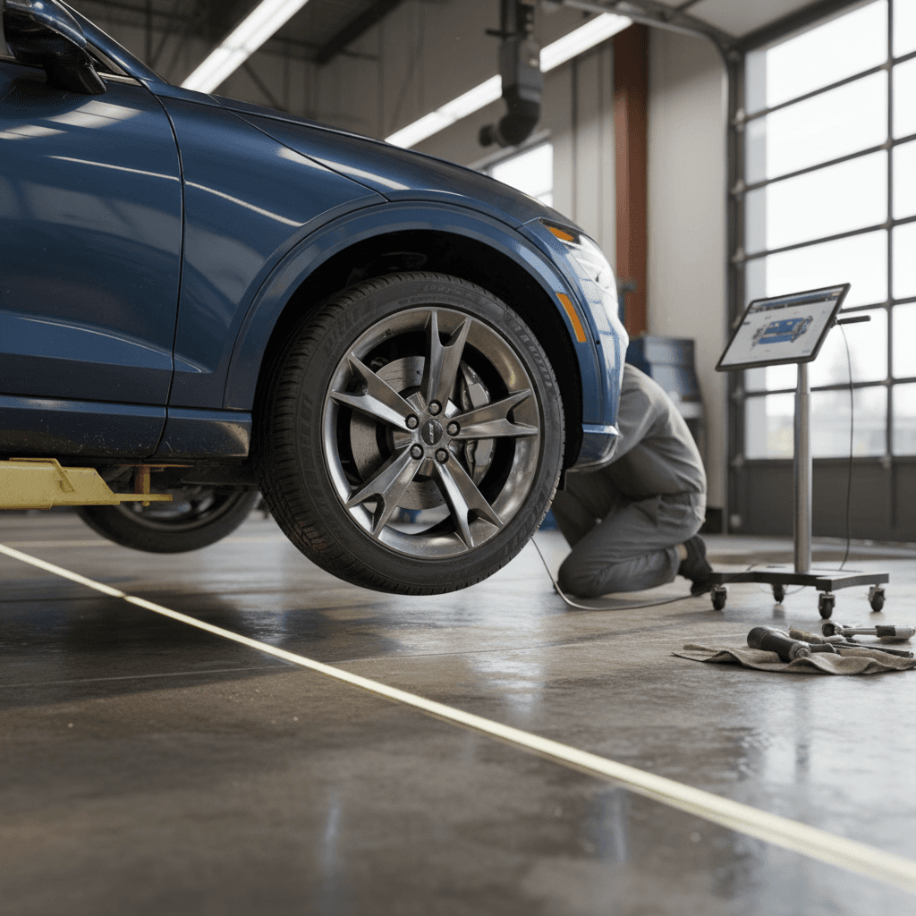 Technician inspecting a 2023 Genesis GV60 on a lift as part of an EV battery and trade-in health evaluation