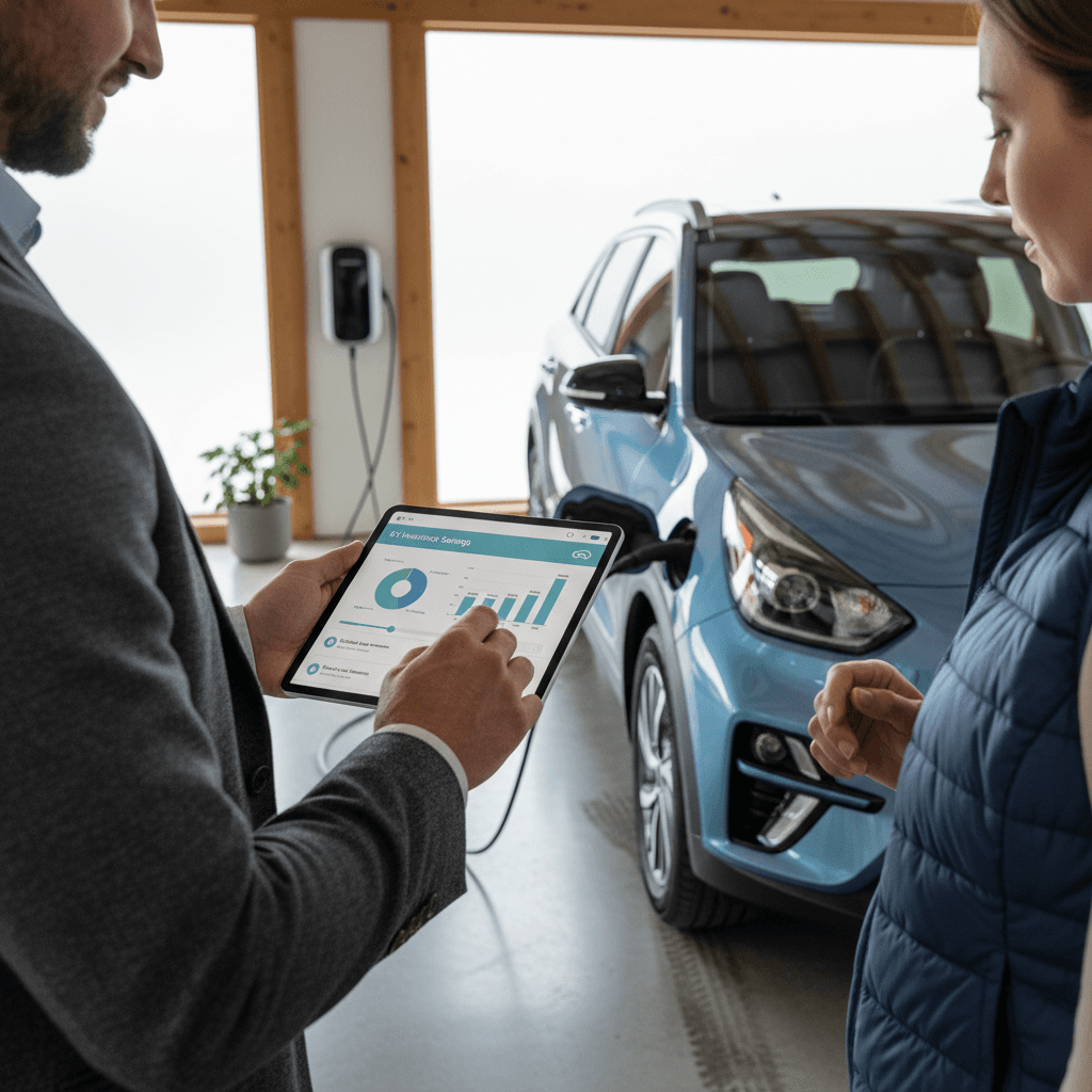 Driver reviewing Kia Niro EV insurance options with an agent using a tablet in front of the car