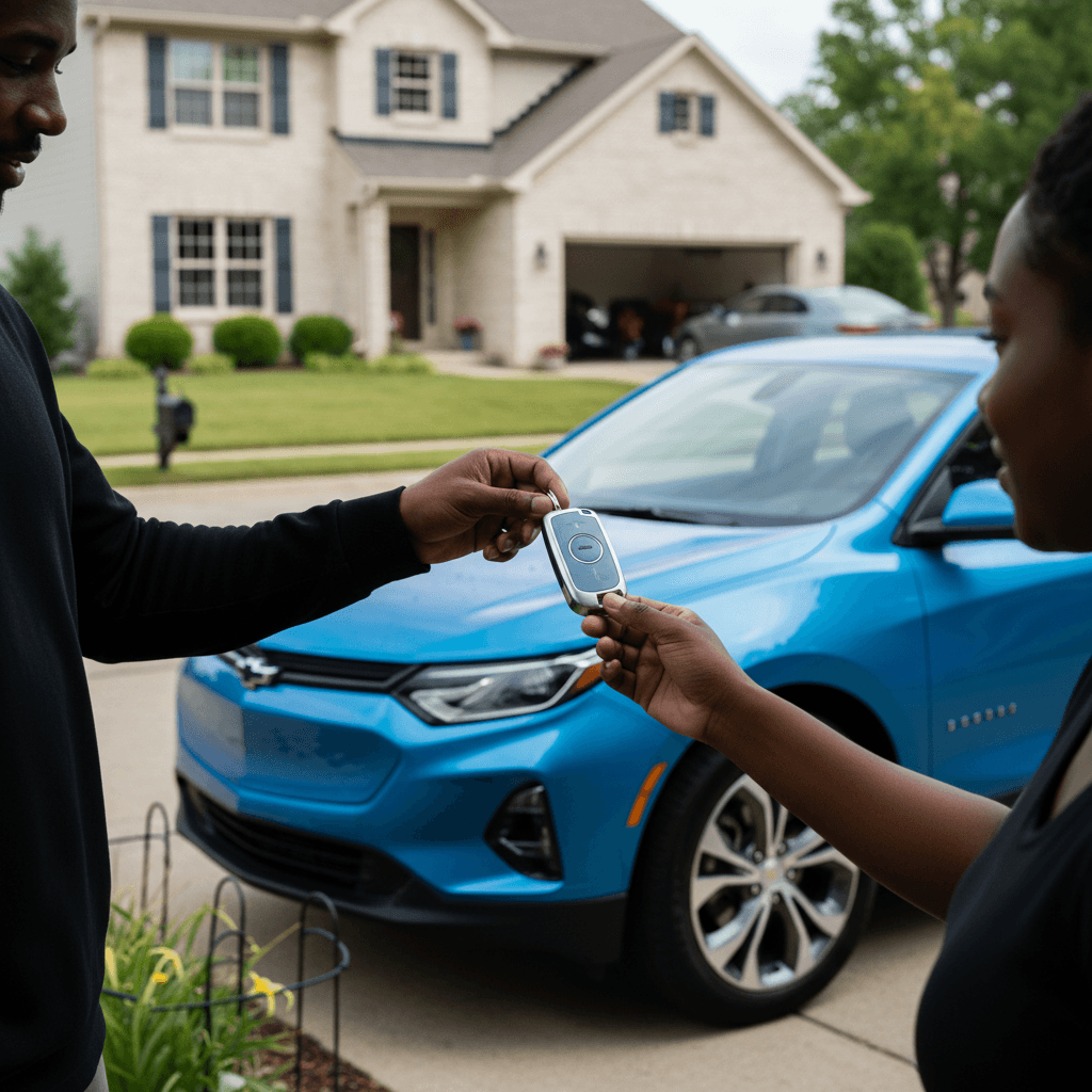 Seller handing keys of a blue Chevrolet Equinox EV to a new owner in a residential driveway