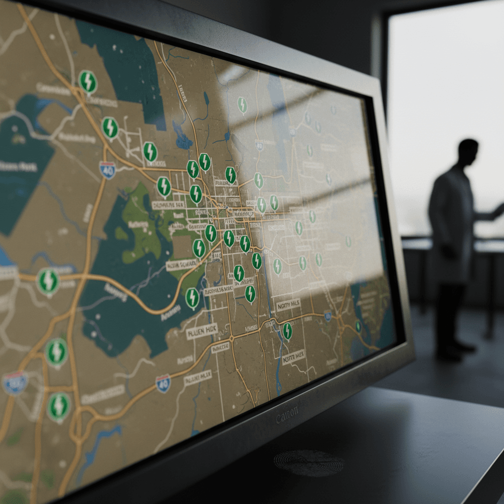 Illustrated map of Raleigh, NC highlighting clusters of EV charging stations around downtown, parks, and major shopping centers