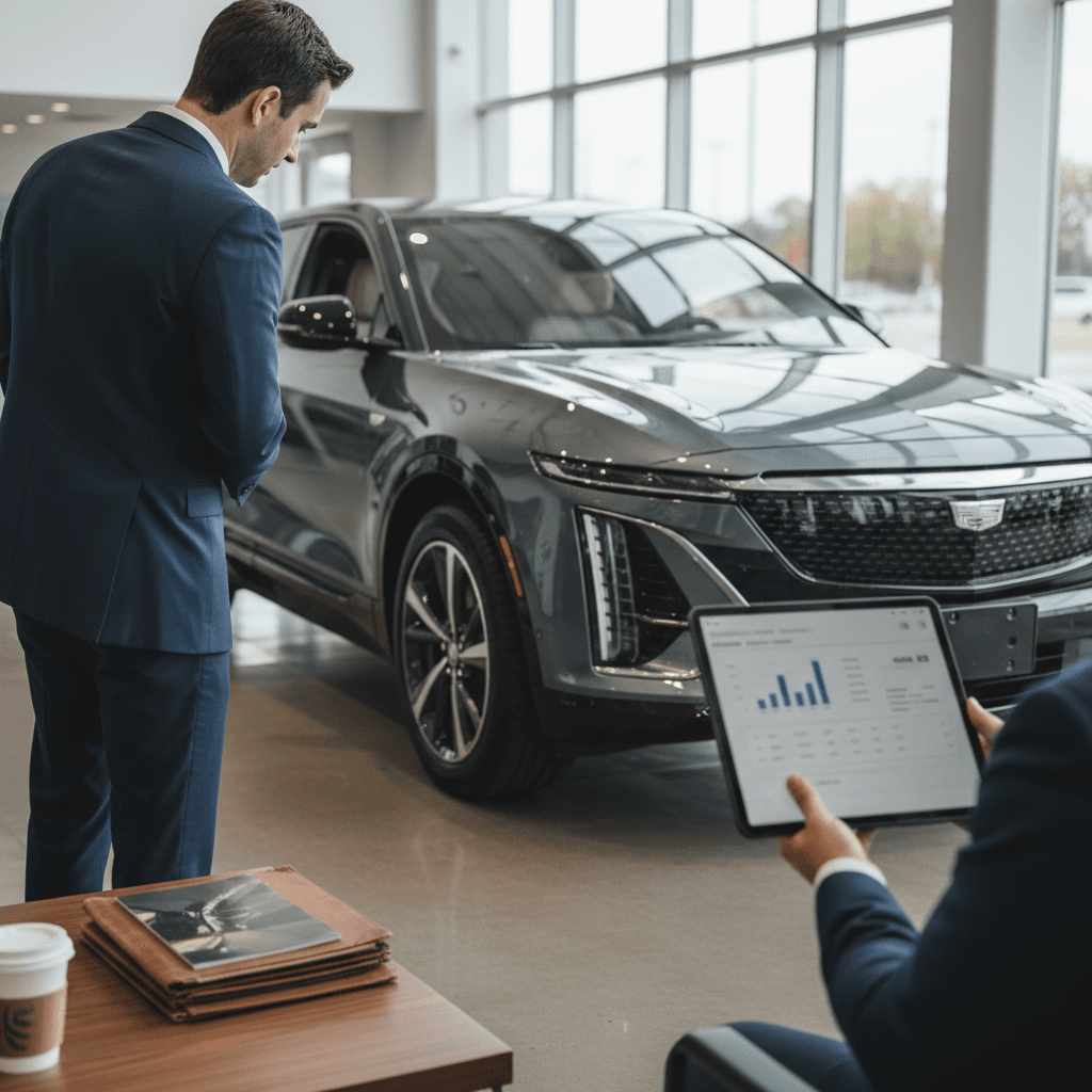 Seller sitting with an EV specialist reviewing a battery health report and offer for a used Cadillac Lyriq on a tablet