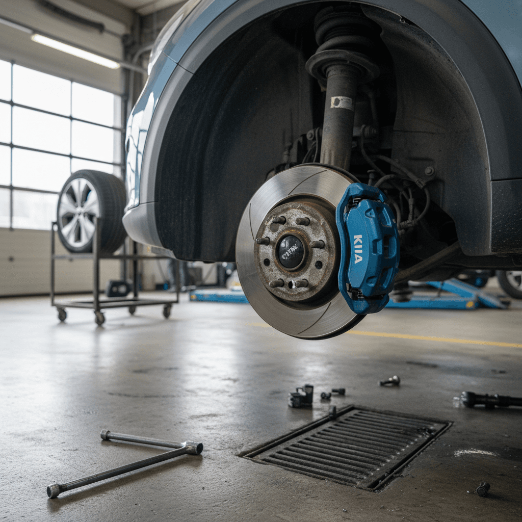 Mechanic inspecting the front brake and suspension of a Kia Niro EV on a lift