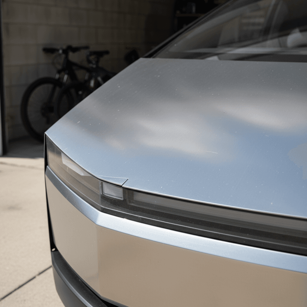 Close-up of a Tesla Cybertruck showing panel gaps and misaligned stainless trim along the door and bed line