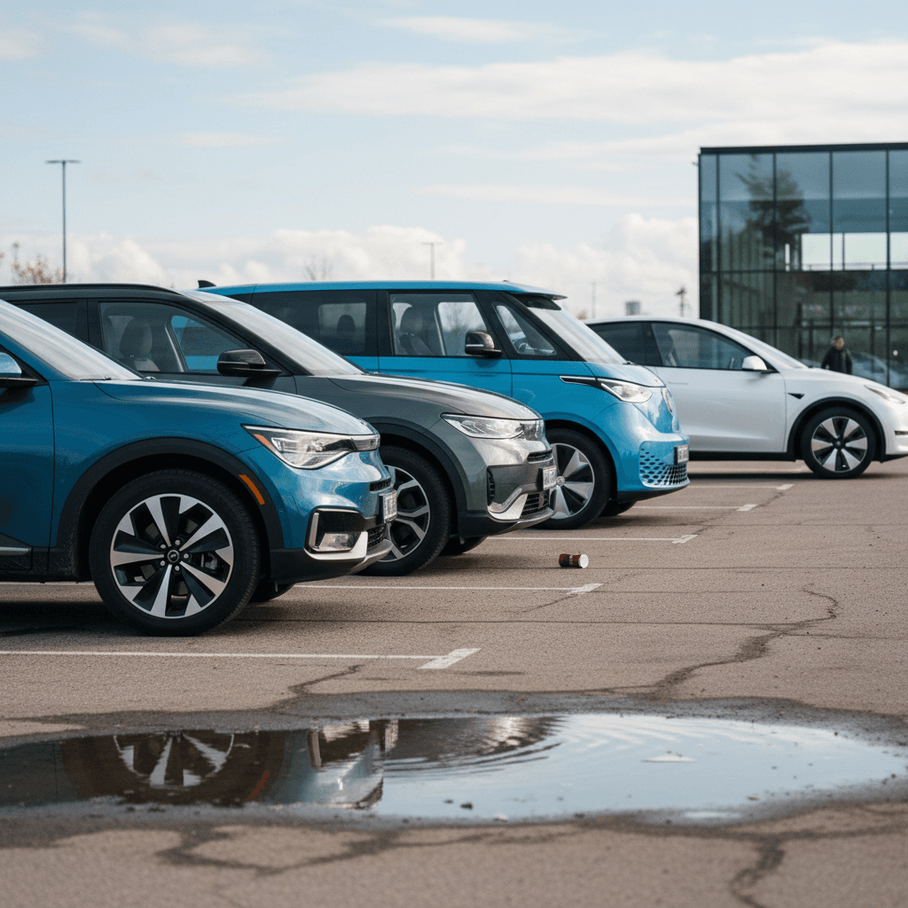 Lineup of popular 2026 family electric SUVs including Kia EV9, Hyundai Ioniq 9, VW ID. Buzz and Tesla Model Y parked side by side