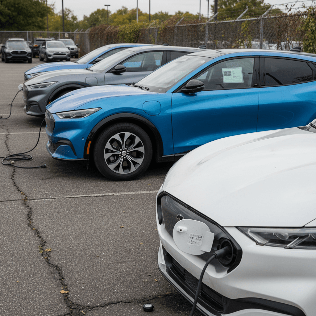 Lineup of used Ford Mustang Mach-E SUVs from different model years parked on a lot, highlighting variety of trims and colors