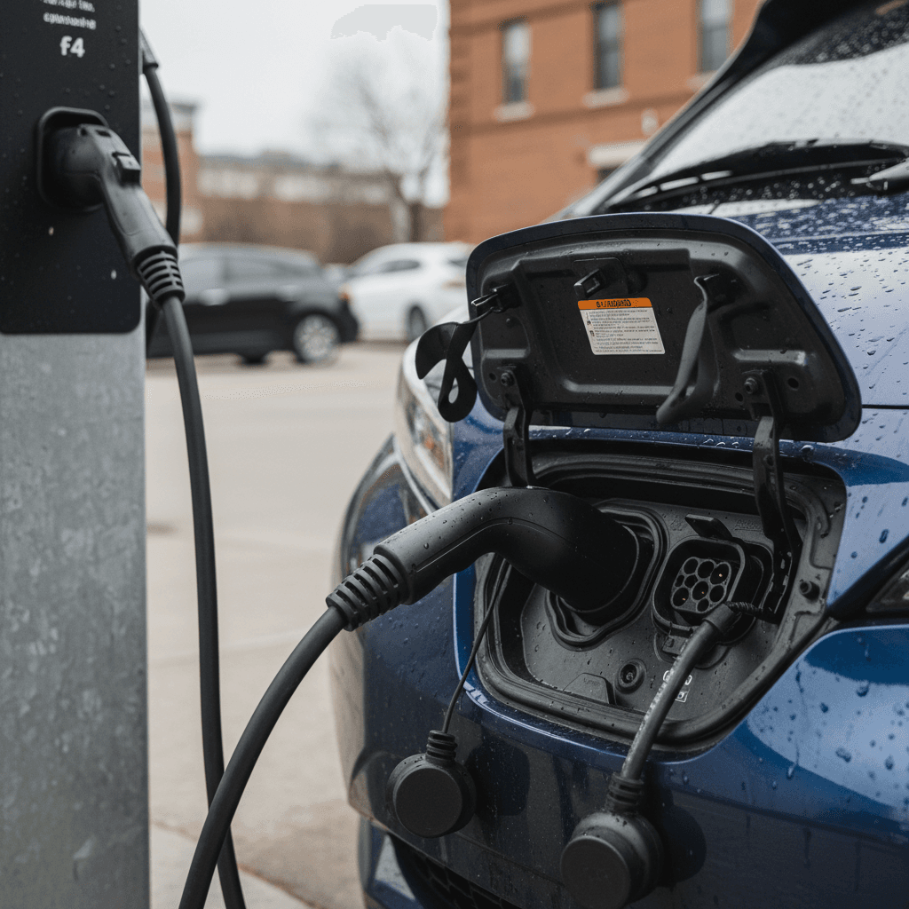 Close view of the 2022 Nissan Leaf’s dual charging ports, showing the J1772 AC and CHAdeMO DC fast‑charging connectors at a public station.