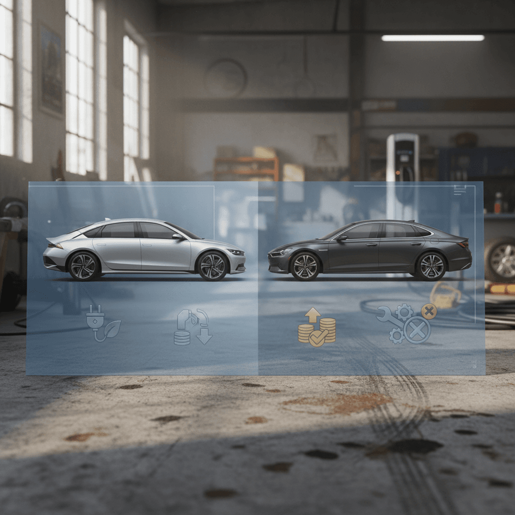 Side-by-side comparison graphic showing Hyundai Ioniq 6 next to a similar gas sedan with icons for fuel pump and charging plug, highlighting different ongoing costs.