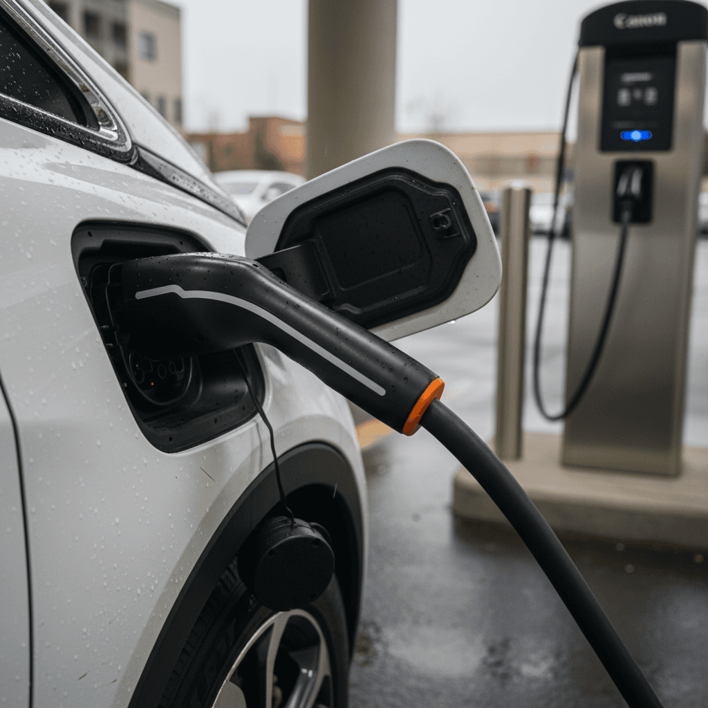 Chevrolet Bolt EV plugged into a CCS fast charger, showing the combined AC and DC charge port on the rear quarter panel