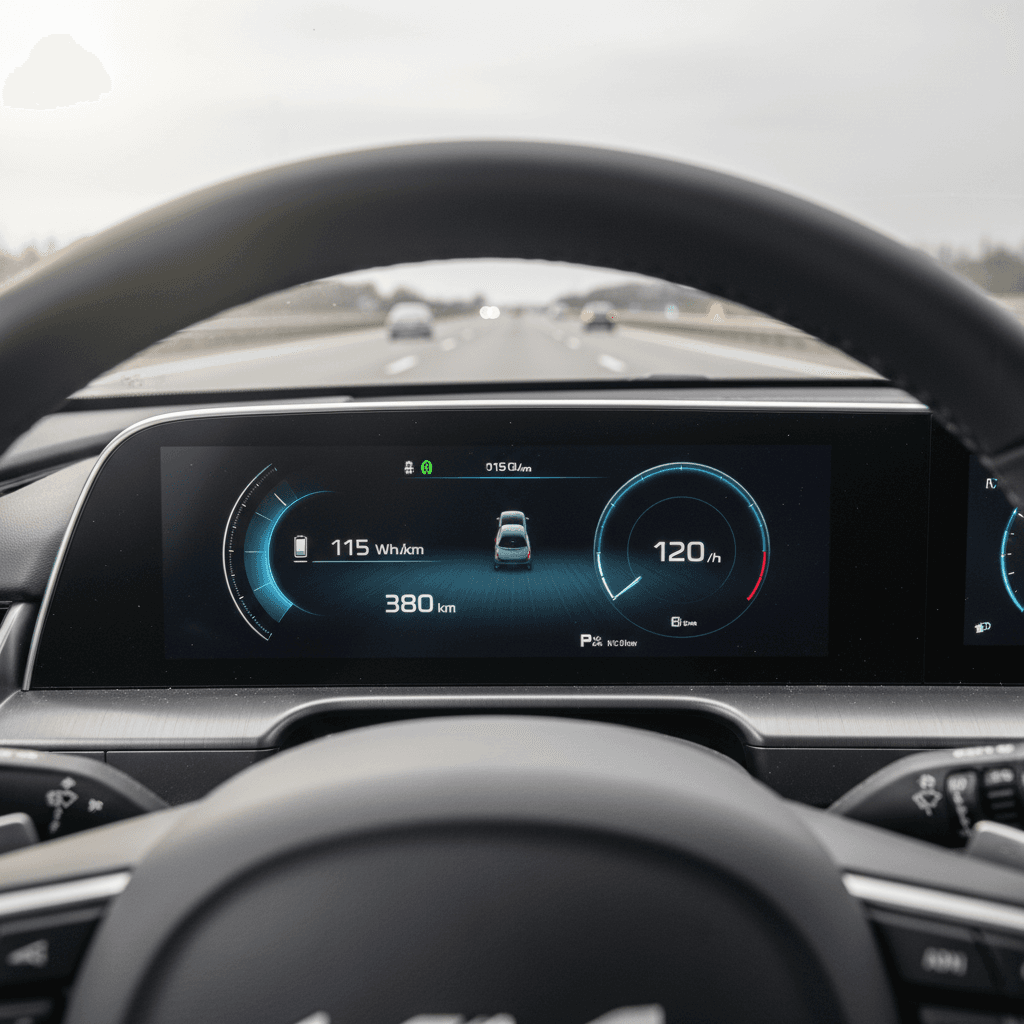 Driver’s view of a Kia EV9 dashboard showing remaining range and efficiency on an interstate drive