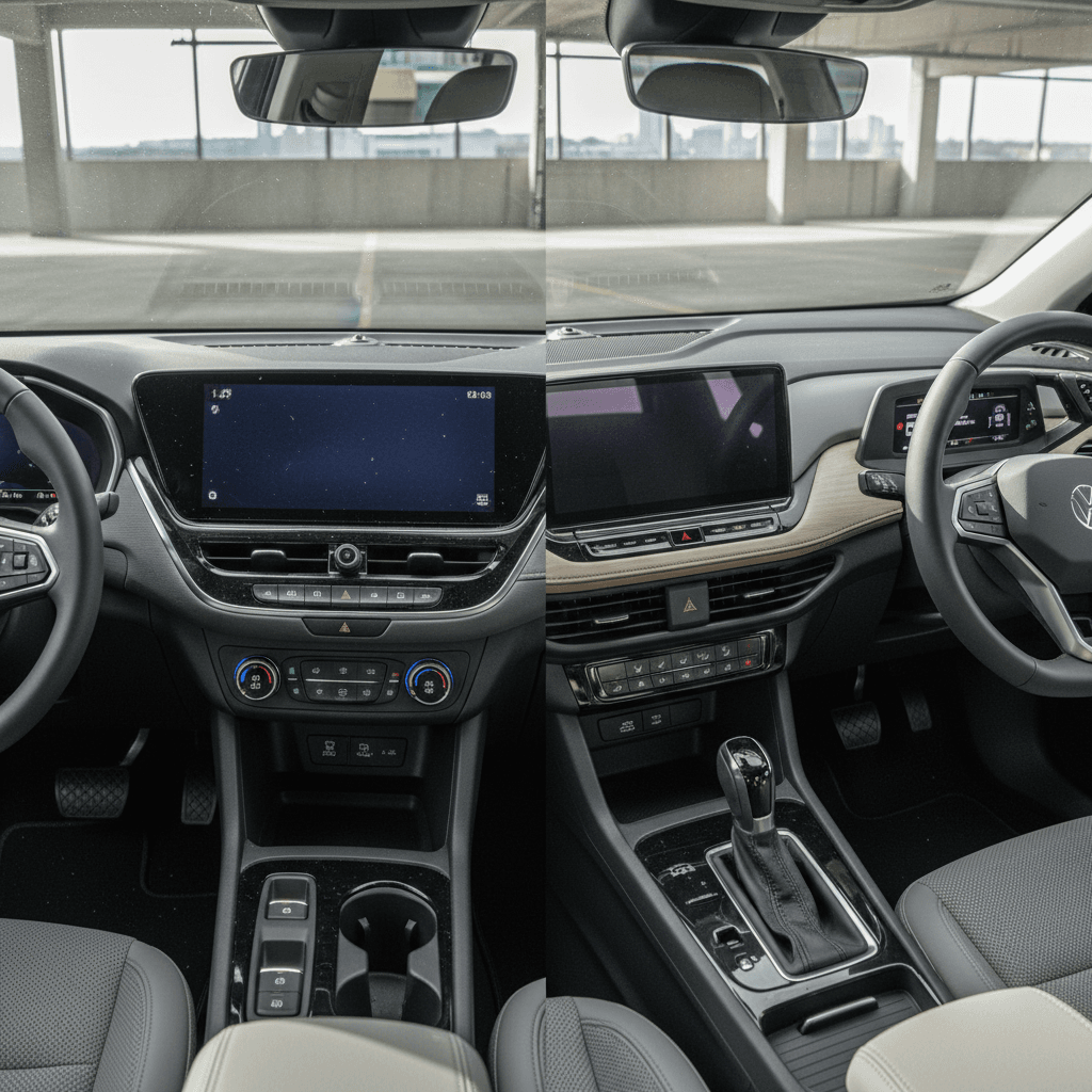 Side-by-side view of Chevrolet Equinox EV and Volkswagen ID.4 interiors showing infotainment screens and controls while plugged into chargers