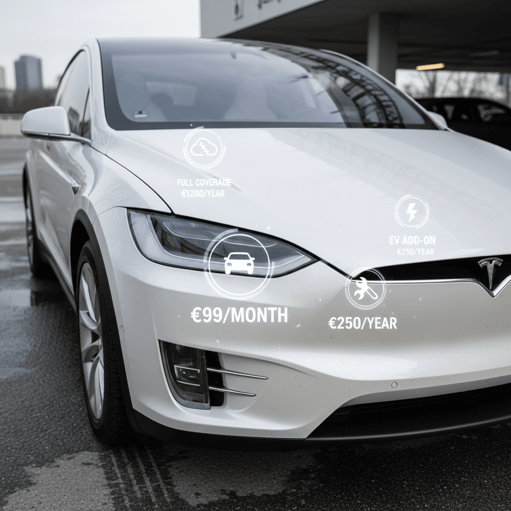 A late-model used Tesla Model X parked in a driveway, representing insurance savings compared with a new vehicle