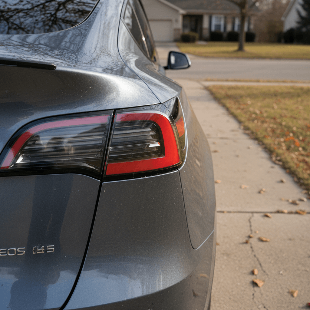 Charging port and rear quarter panel of a 2020 Tesla Model Y plugged into a home charger