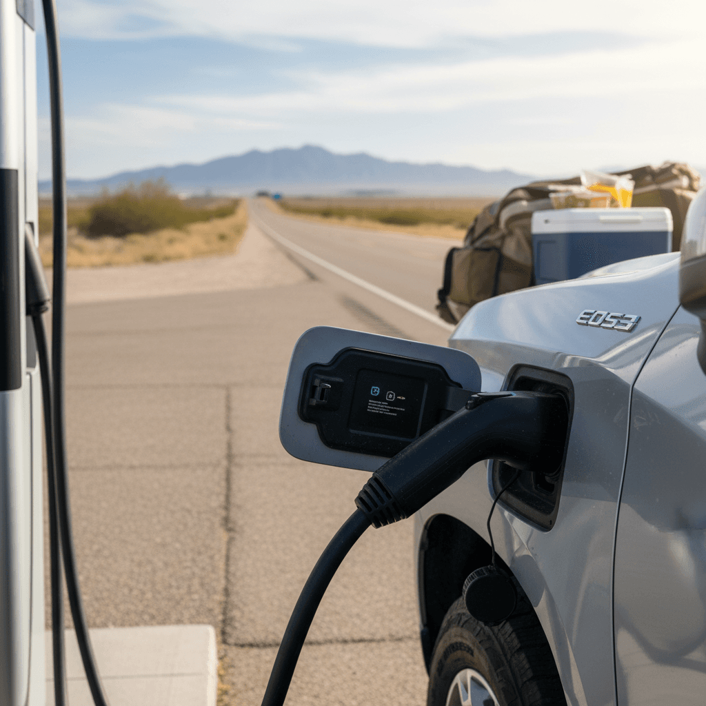 Chevrolet Silverado EV plugged into a DC fast charger during a highway road trip
