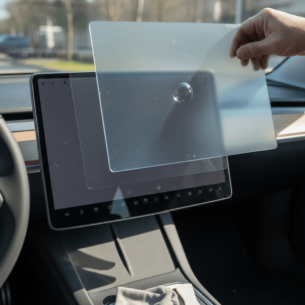 Driver installing a matte tempered glass screen protector on a Tesla Model 3 center touchscreen.
