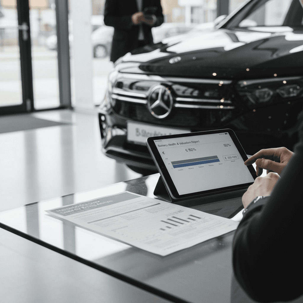 Sales advisor and customer reviewing a detailed battery health and trade-in valuation report for a used Mercedes EQB inside a modern EV showroom
