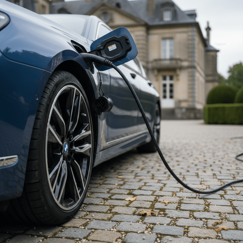 BMW i7 charging at a home wallbox showing wheel and charging port