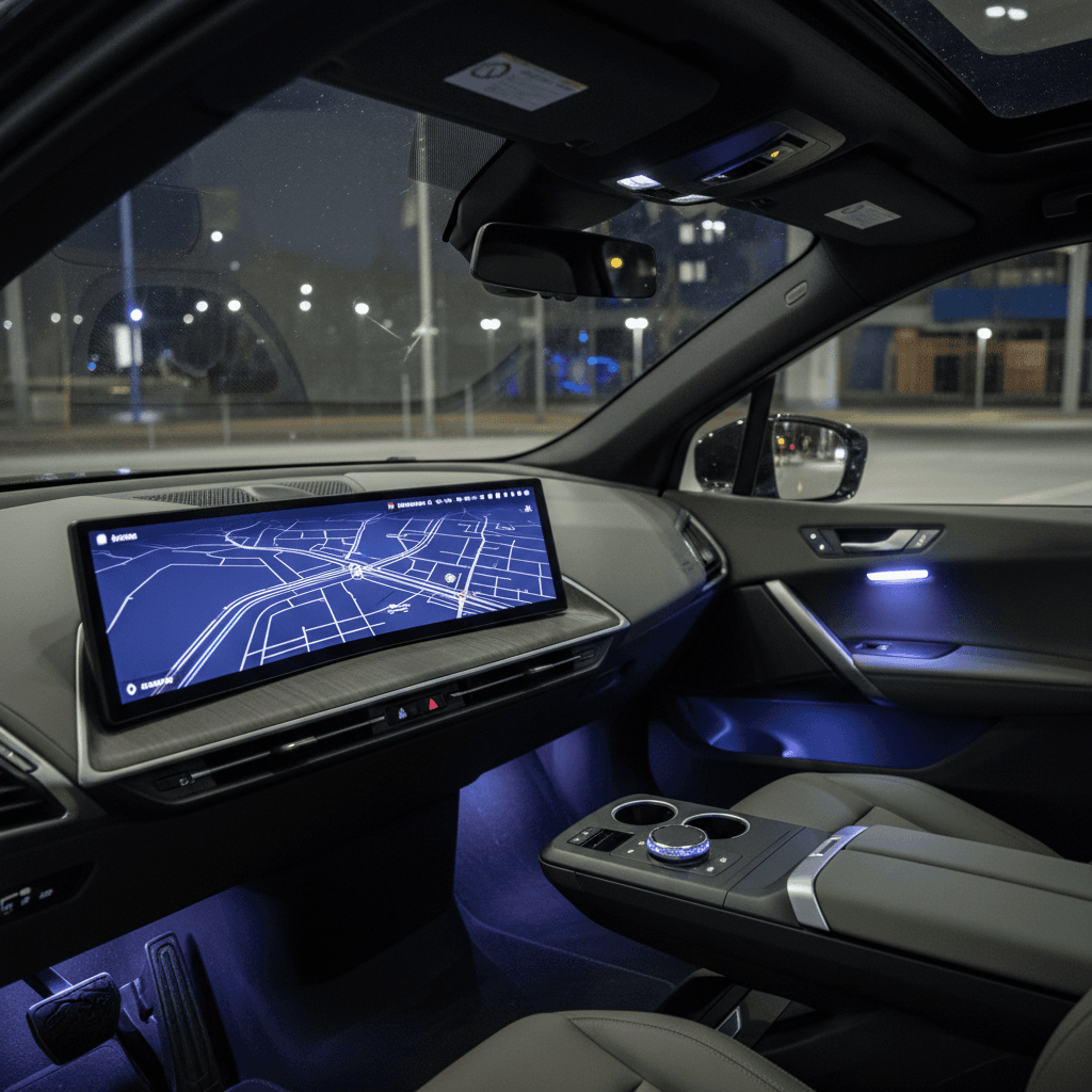 Interior of a BMW iX showing minimalist dashboard, curved screen, and ambient lighting
