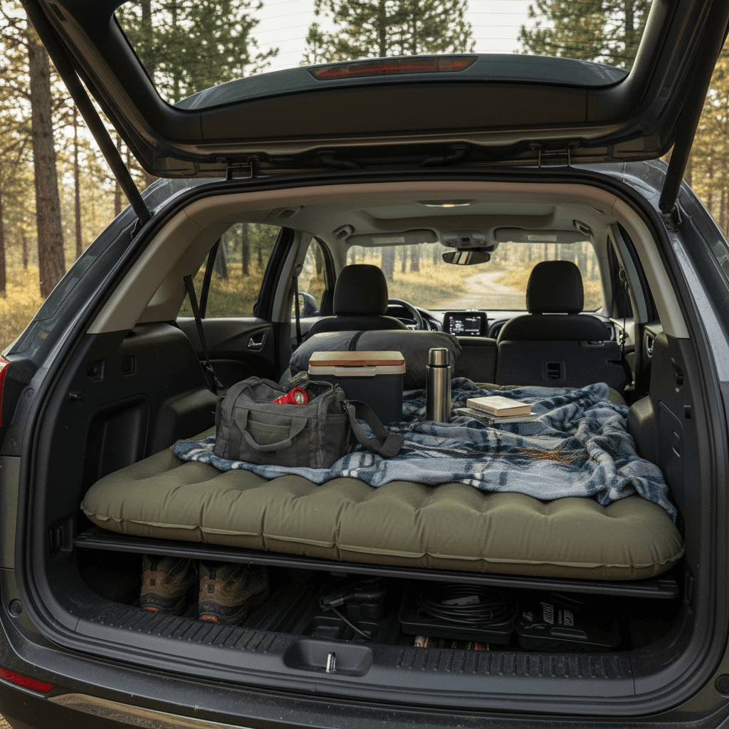 Rear seats folded down in a Chevrolet Equinox EV with the adjustable cargo floor in the upper position and camping gear loaded