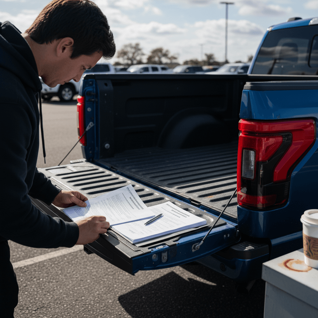 Buyer reviewing used EV financing options on a tablet while standing next to a Ford F-150 Lightning at a dealership