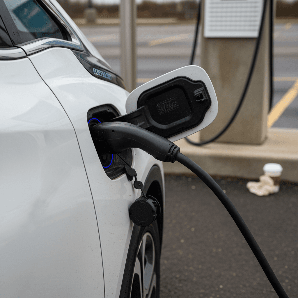 Close view of a 2018 Chevy Bolt EV plugged into a public Level 2 charging station