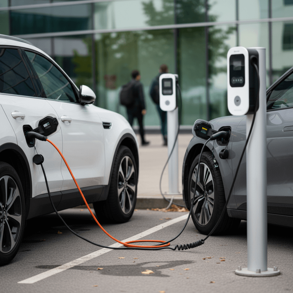 Side-by-side plug-in hybrid and battery electric commuter cars charging in an office parking lot
