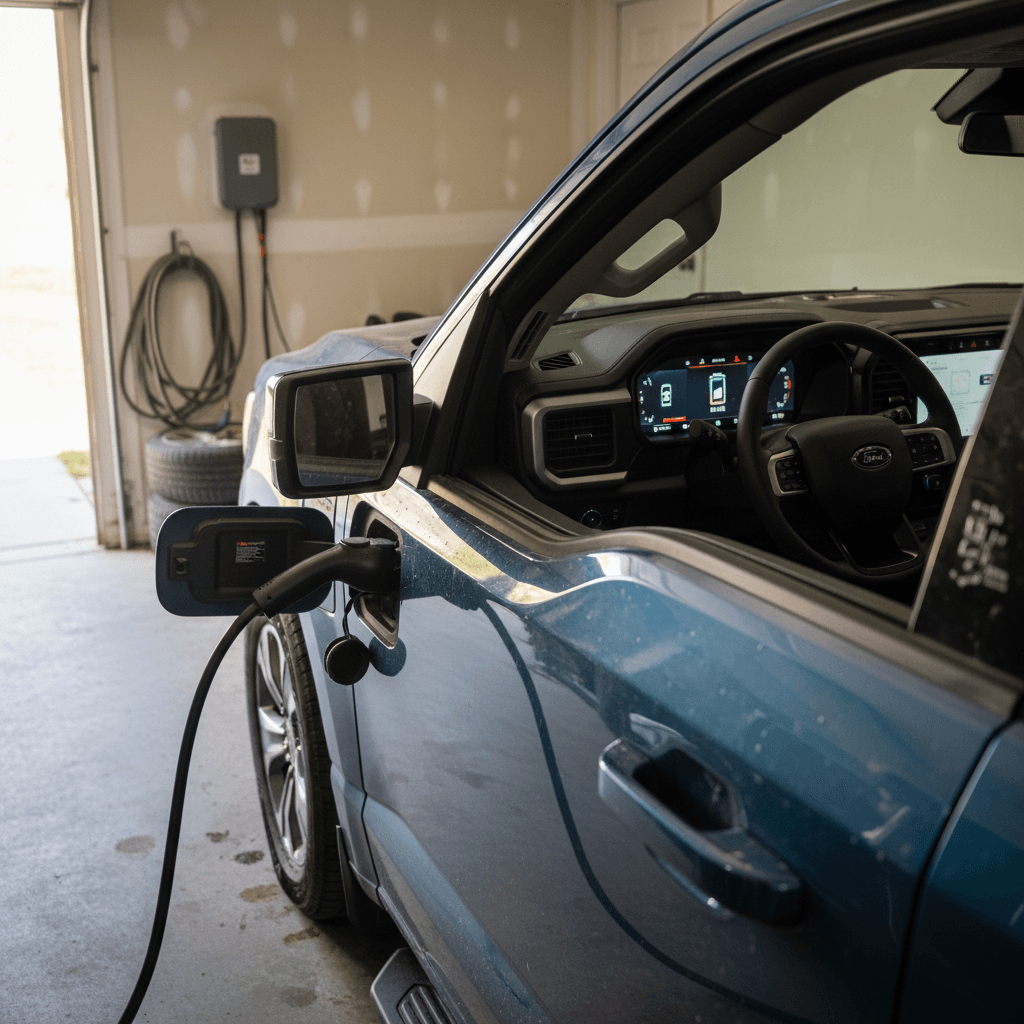 Ford F-150 Lightning plugged into a home Level 2 charger with the digital range display visible through the driver window