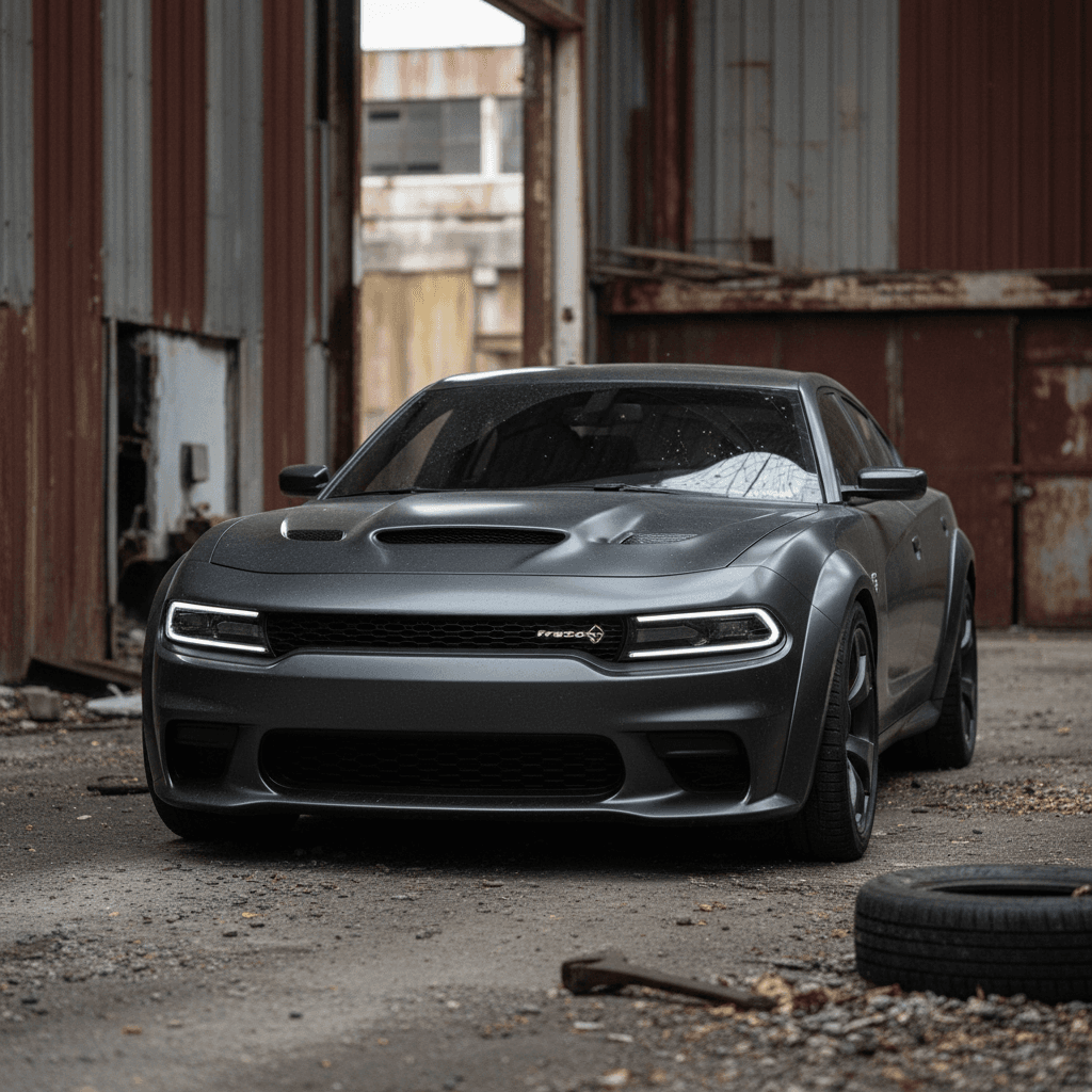Electric Dodge-style muscle car charging at a fast charger at night