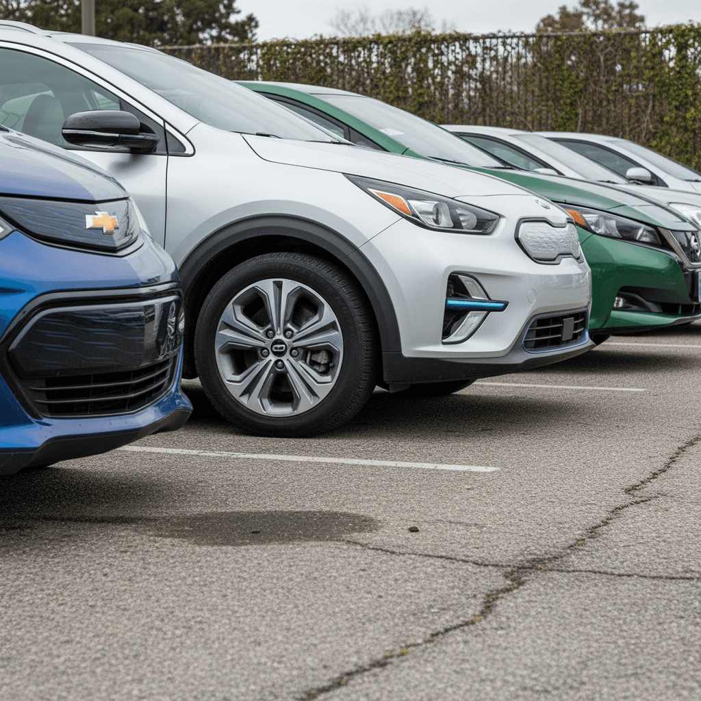 Lineup of popular used EV models including a Chevy Bolt, Kia Niro EV, and Nissan Leaf parked side by side at a dealership