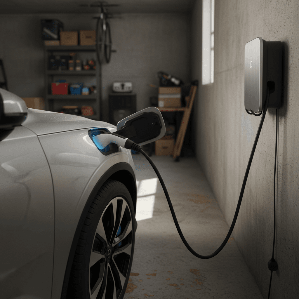 Polestar 2 charging from a Level 2 wallbox in a home garage