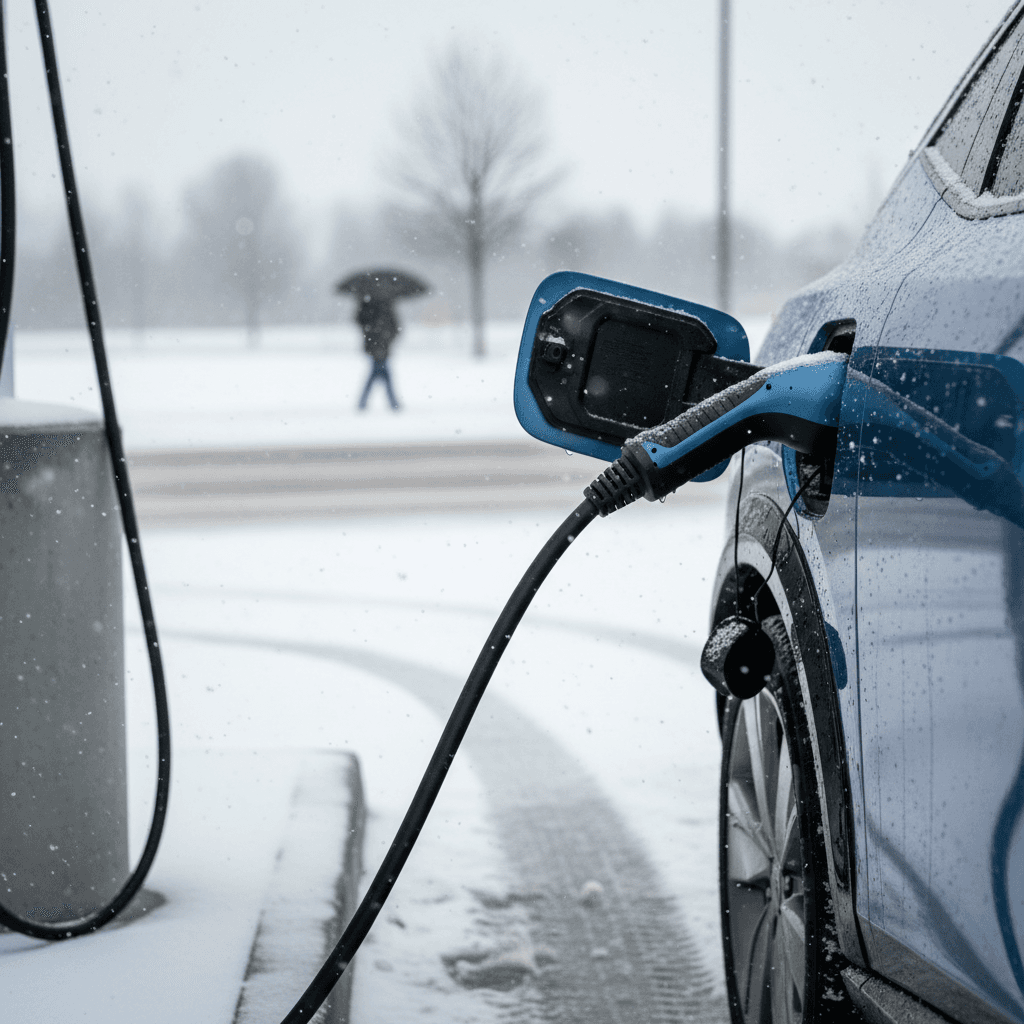 Nissan Ariya charging at a public fast charger in light snow, with focus on the charge port and cable