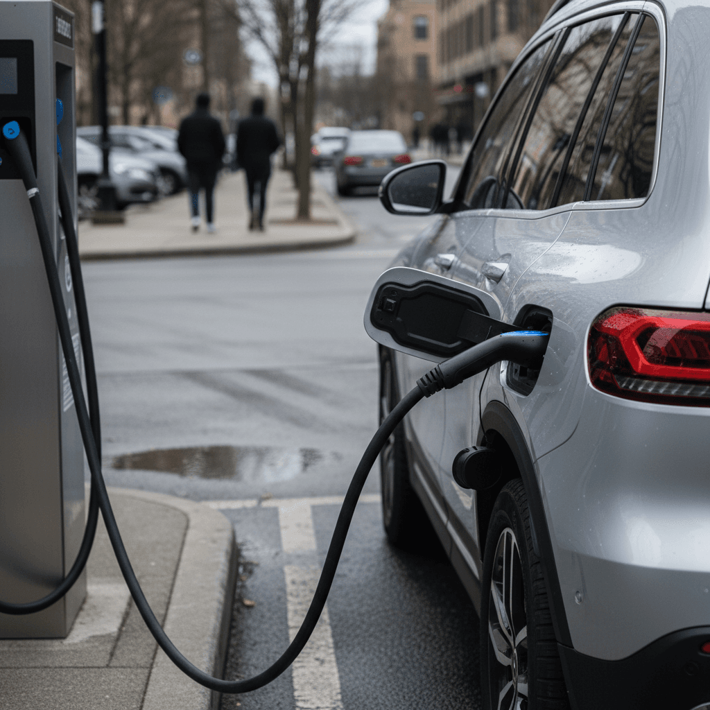 2025 Mercedes EQB plugged into a DC fast charger in an urban parking lot