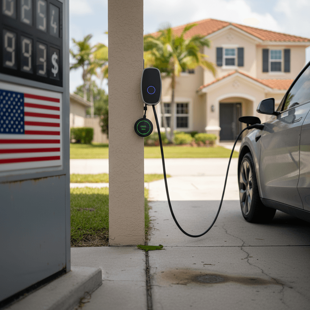 Side by side comparison of gas price sign and home EV charger showing per-mile cost difference for Florida drivers in 2026