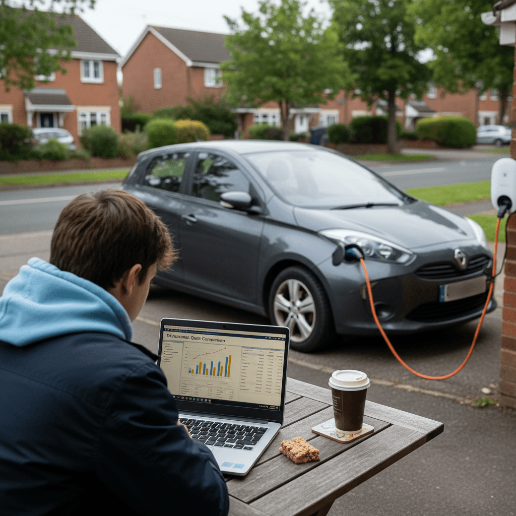 Young driver reviewing electric car insurance quotes on a laptop while a compact used EV charges in a driveway