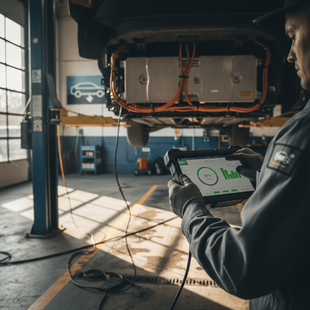 Technician using a diagnostic tablet to measure electric vehicle battery health before trade-in appraisal